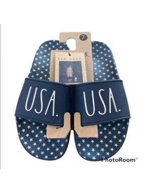Rae Dunn "U.S.A." Logo Slide Sandals Women’s Size 7 Blue & White